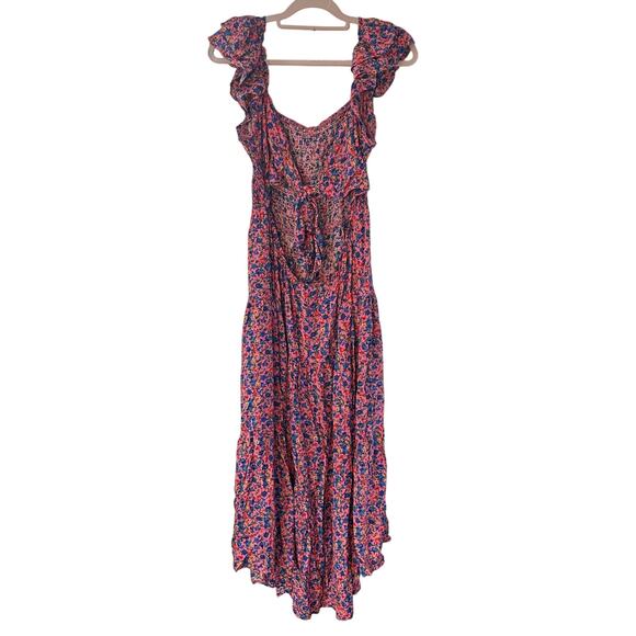 Women's Summer Floral Maxi Dress Square Neck Smocked Boho Ruffle Tie Back Flowy - Picture 4 of 8